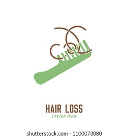 Hair loss icon. Vector illustration in flat style isolated on a white background. Beauty, dermatology and health care concept in green and brown colors.