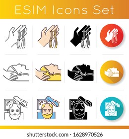Hair loss icons set. Hair strands on hand. Physiotherapy, dermatology. Trichoscopy and baldness problem. Spa procedure. Linear, black and RGB color styles. Isolated vector illustrations