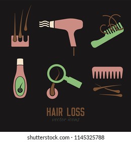 Hair loss icons set. Vector illustration in flat style isolated on a dark grey background. Beauty, dermatology and health care concept in green, pink and brown colors.