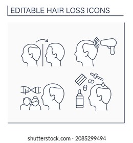 Iconos de la línea de pérdida de pelo establecidos. Terapia láser, medicamentos y tratamiento, trasplante, calviciado hereditario. Concepto de alopecia. Ilustración vectorial aislada. Trazo editable