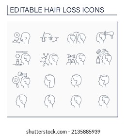 Hair loss line icons set. Classification for baldness in man and woman. Treatment and care. Alopecia concept. Isolated vector illustration. Editable stroke