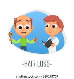 Hair loss medical concept. Vector illustration. Doctor and patient are talking in the hospital. Isolated on white background.