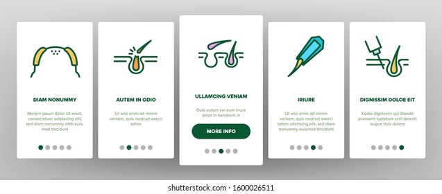 Hair Loss Onboarding Mobile App Page Screen Vector. Hair Loss And Bald Human Silhouette, Comb And Fan, Healthy Shampoo Bottle And Drop Illustrations