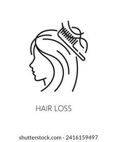 Hair loss outline icon, hair care and treatment isolated vector linear sign, features a simplified representation of a female head with thinning or falling hair on comb, symbolizing beauty issue