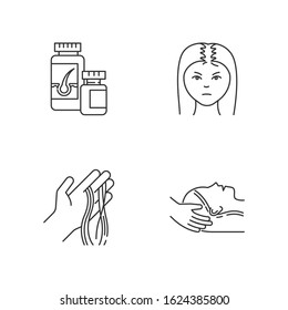 Hair loss pixel perfect linear icons set. Female baldness. Alopecia treatment. Woman with thinning hair. Customizable thin line contour symbols. Isolated vector outline illustrations. Editable stroke