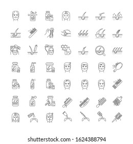 Hair loss pixel perfect linear icons set. Baldness and alopecia treatment. Laser therapy. Shampoo. Customizable thin line contour symbols. Isolated vector outline illustrations. Editable stroke