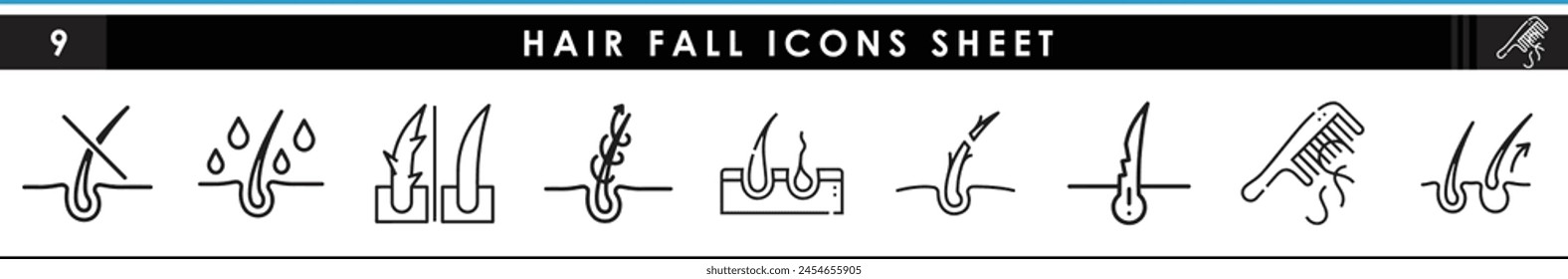 Problem mit Haarausfall. In: Hair Cosmetic Line Icons. Haarfall-Symbole gesetzt.