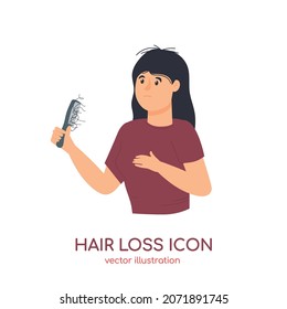 Hair loss problem icon. Female suffer alopecia, balding process. Frightened girl with hairs on hairbrush. Long covid, trichology. Vector illustration for haircare treatment shampoo advertising.