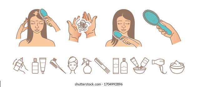 Hair loss problem. Hair loss woman vector illustration. Hair care and treatment icons for your design