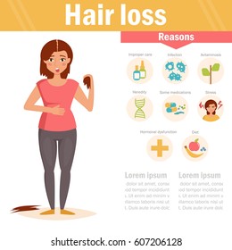 Hair loss. Reasons. Woman holds  lock of hair in hand.  Isolated art on white background. Vector. Cartoon. Flat. For websites, brochures, magazines. Medicine