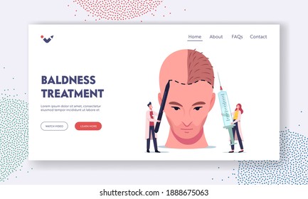 Hair Loss and Receding Landing Page Template. Tiny Doctor Characters Prepare Huge Male Head for Hair Transplantation Painting Markup Lines and Make Injections. Cartoon People Vector Illustration