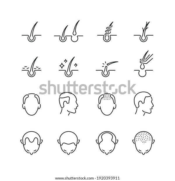 Hair loss related icons: thin vector icon set, black\
and white kit