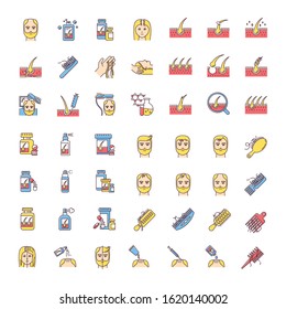 Hair loss RGB color icons big set. Baldness and alopecia treatment. Laser therapy for hairloss. Female and male hair thinning problem aid. Shampoo, supplements. Isolated vector illustrations
