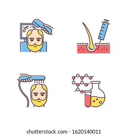 Hair loss RGB color icons set. Laser therapy for men's thinning hair. Medical injection for alopecia. Male hair loss treatment. Chemistry and medicine. Dermatology. Isolated vector illustrations