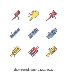 Hair loss RGB color icons set. Comb with hair. Alopecia, stress symptom. Hairbrush with strands. Dermatology, cosmetology. Hairloss, baldness. Haircare problem. Isolated vector illustrations
