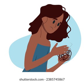 Hair loss, sad woman with hair loss. Upset female stressed with hair thinning need medical treatment or procedure. Vector illustration.