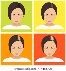 Hair loss stages vector set on multicolored background. Female pattern baldness. Different phases of alopecia in women. Health and beauty concept. 