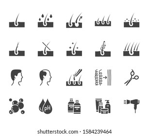 Hair loss treatment flat glyph icons set. Shampoo ph, dandruff, hair growth, keratin, conditioner bottle vector illustrations. Black signs for beauty store. Silhouette pictogram pixel perfect.