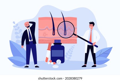 Hair loss treatment flat vector illustration. Bald man and doctor with giant magnifying glass, examining roots of hair, standing next to huge pills. Medicine, trichology, hair care concept for design