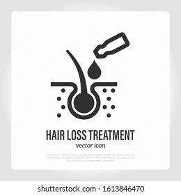 Hair Loss Treatment Thin Line Icon. Ampoule Drops In Hair Follicle. Alopecia Prevention. Trichology. Healthcare And Medical Vector Illustration.