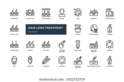 hair loss treatment trichology hair care problem healthcare detailed line outline icon set