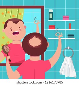 Hair loss vector concept illustration. Bald man with a comb in the bathroom looks in the mirror. Cartoon funny character.