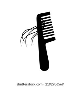 Hair loss woman problem. Hairbrush silhouette in simple style. Female or male hair on comb. Vector illustration, isolated icon on white background. Alopecia symptom because of stress and viral