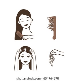 
Hair Loss Woman. Vector Isolated Illustrations Set. 