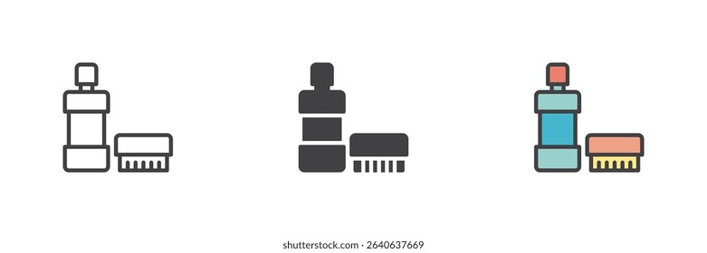 Hair lotion bottle with comb vector icons in different styles: outline, solid, and filled outline colorful. Bathroom grooming and cosmetic icon set symbol.