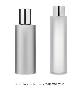 Hair lotion bottle mockup. Shampoo bottle template with silver cap. Hair cream packaging, beauty and shower hygiene. Liquid soap or milk for shower and bathroom, clean design