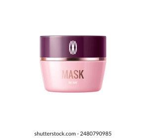 Hair mask pink package. Cosmetic product template. Isolated realistic 3d vector stylish pink plastic jar with purple screw lid and metallic bronze accents. packaging promotes product for healthy hair