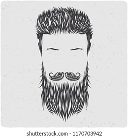 Hair, mustache, beard. Black and white illustration. Isolated on light backgrond with grunge noise and frame.