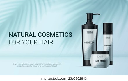 Hair natural cosmetic shampoo mask hairspray advertising tropical fern banner realistic vector illustration. Hairstyle beauty professional care hygiene repair cleansing bottle exotic leaves shadow