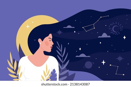 Hair night concept. Abstract images, galaxy and universe. Constellations and Milky Way. Scientific research, astronomy and astrology. Innovation and future, woman. Cartoon flat vector illustration