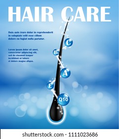 Hair Nourishing shampoo ads design. Concept ends splitting prevention. Hair care Shampoo for health. Shampoo with vitamins for protect Hair ends. Vector illustration