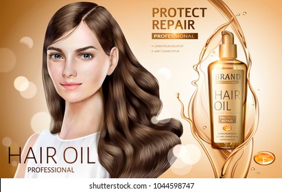 Hair oil ads, attractive hair model with golden color hair oil products in 3d illustration, bokeh glitter golden color background