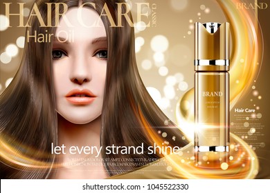 Hair oil ads, beautiful hair model with golden spray bottle on bokeh glitter background, 3d illustration