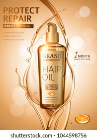 Hair Oil Ads, Splashing Liquid And Pump Bottle In 3d Illustration, Golden Glitter Bokeh Background