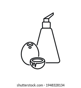 Hair oil with coconut linear icon. Natural cosmetics and Make up. Thin line customizable illustration. Contour symbol. Vector isolated outline drawing. Editable stroke