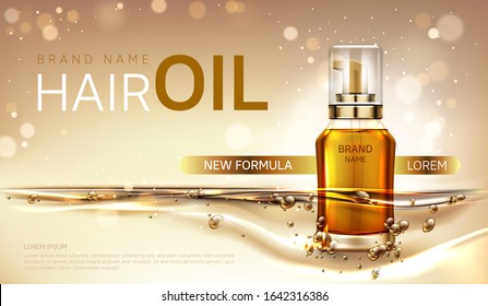 Hair Oil Cosmetics Bottle Mockup Banner, Pump Tube With Gold Liquid On Blurred Background. New Formula Of Beauty Cosmetic Treatment Product Advertising Promo Template For Magazine, Realistic 3d Vector