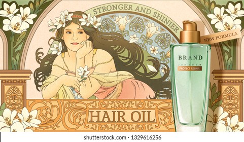 Hair oil product ads with mucha style goddess holding freesia