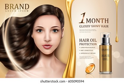 hair oil protection contained in bottle with model face, golden background 3d illustration