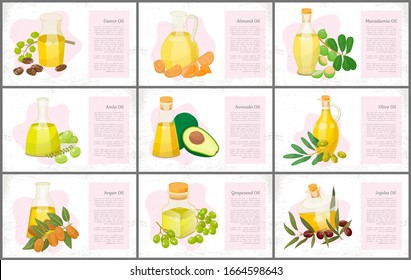 Hair oils banners, plants and nuts, oily seeds vector. Skin care and hairs health, organic cosmetics, castor and macadamia. Olive and coconut, avocado and grapeseed, almond and amla illustration