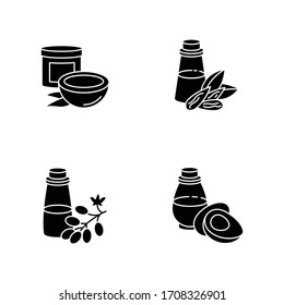 Hair oils black glyph icons set on white space. Jojoba essence for healthy nourishment. Keratin formula for haircare. Rosemary extract in bottle. Silhouette symbols. Vector isolated illustration