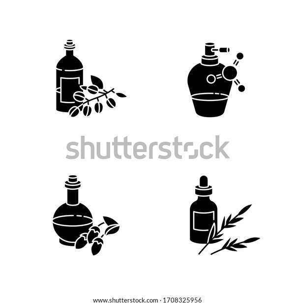 白い背景にヘアオイルの黒い絵文字アイコンセット ボトルにスプレーした帯電防止剤 B5パンテノール軟膏 生物化粧品 液体シリコン シルエット記号 ベクターイラスト のベクター画像素材 ロイヤリティフリー