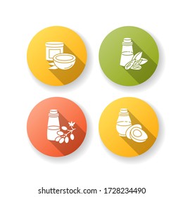 Hair oils flat design long shadow glyph icons set. Avocado extract for healthy nourishment. Coconut essence for haircare. Grapeseed extract in bottle. Silhouette RGB color illustration