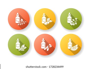 Hair oils flat design long shadow glyph icons set. Jojoba ingredient for cosmetic product. Kalahari melon extract. Dermatology treatment with natural herbal essence. Silhouette RGB color illustration