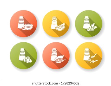 Hair oils flat design long shadow glyph icons set. Avocado and rosemary beauty product. Kalahari melon seed essence in glass jar. Coconut oil in container. Silhouette RGB color illustration