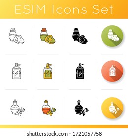 Hair oils icons set. Avocado essence in glass jar. Antistatic spray for winter haircare. Argan extract in liquid form. Linear, black and RGB color styles. Isolated vector illustrations