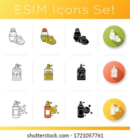 Hair oils icons set. Avocado essence in glass jar. Antistatic spray for winter haircare. B7 biotin vitamin complex. Linear, black and RGB color styles. Isolated vector illustrations